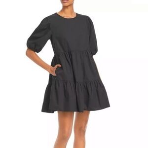Aqua Ruffled Puff Sleeve Black Poplin Mini Dress